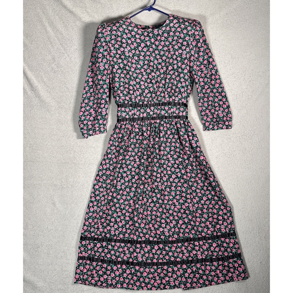 Lisa II Vintage Floral‎ Rose Midi Dress Black Pink Satin Trim 3/4 Sleeve Size 10